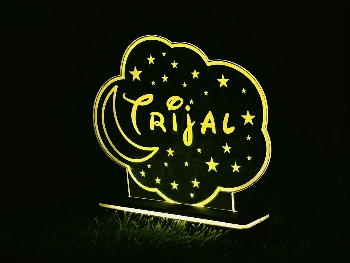 Personalized Moon & Stars Led Name Lamp With Wooden Stand Gift
