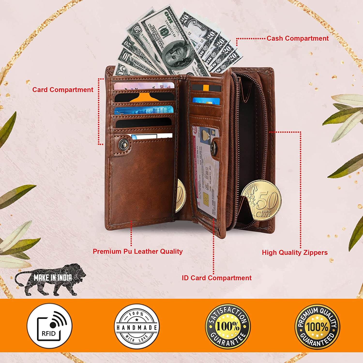 Vegan Leather Photo Wallet Personalized Mothers Day Gift (Brown)