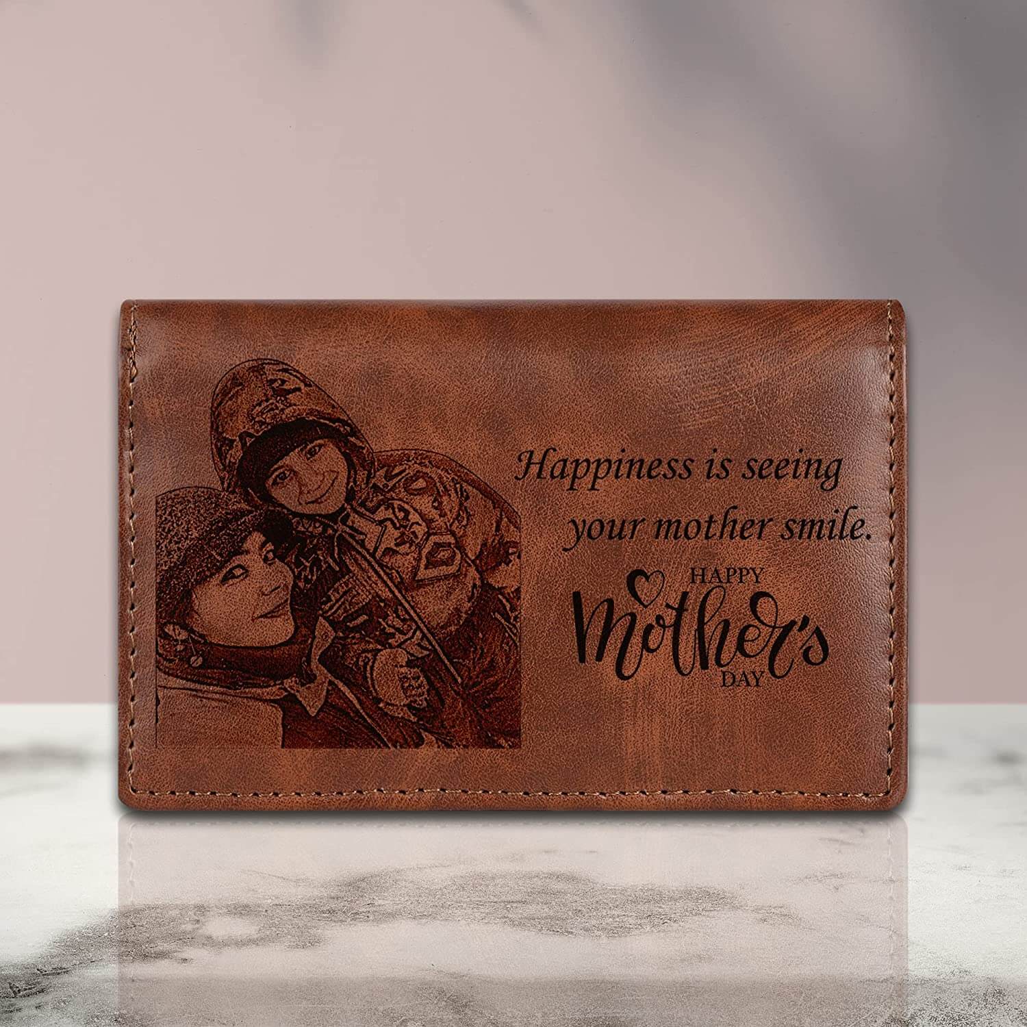 Vegan Leather Photo Wallet Personalized Mothers Day Gift (Brown)