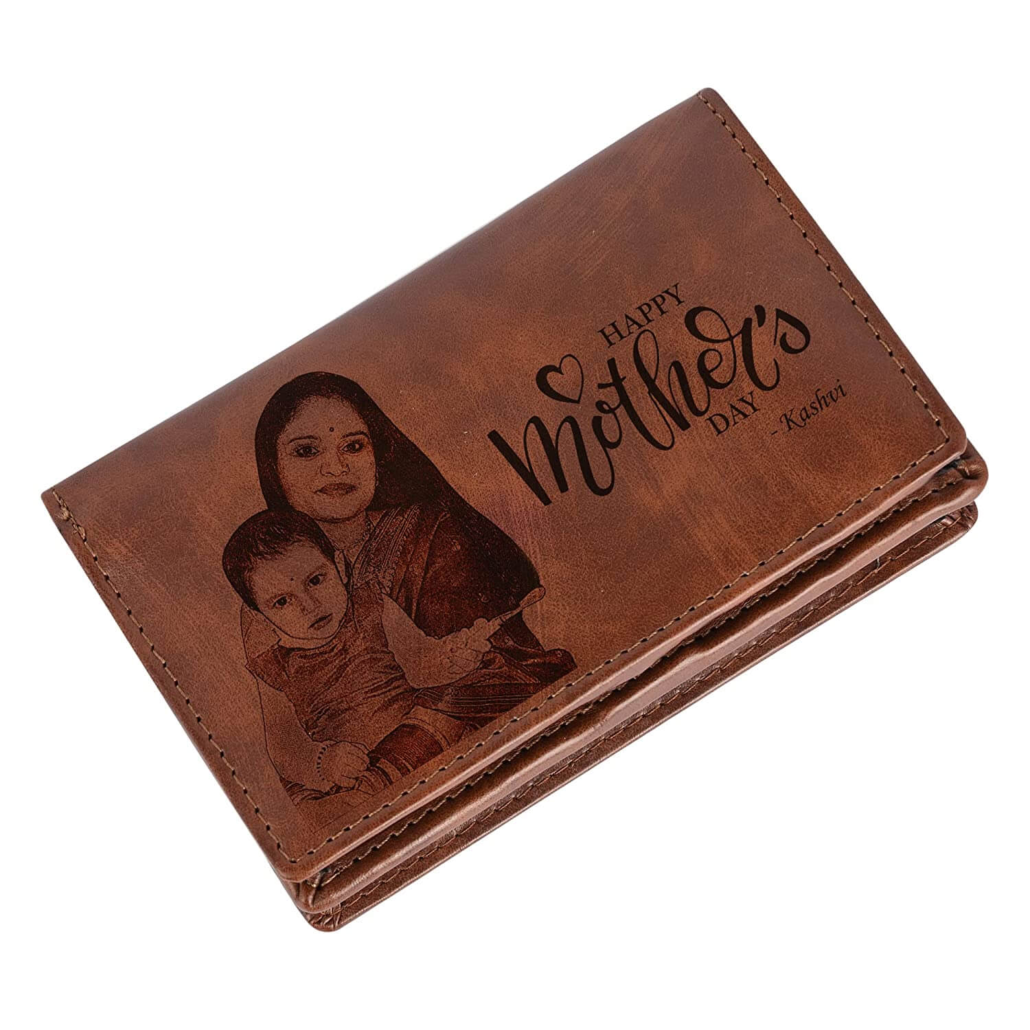 Vegan Leather Photo Wallet Personalized Mothers Day Gift (Brown)