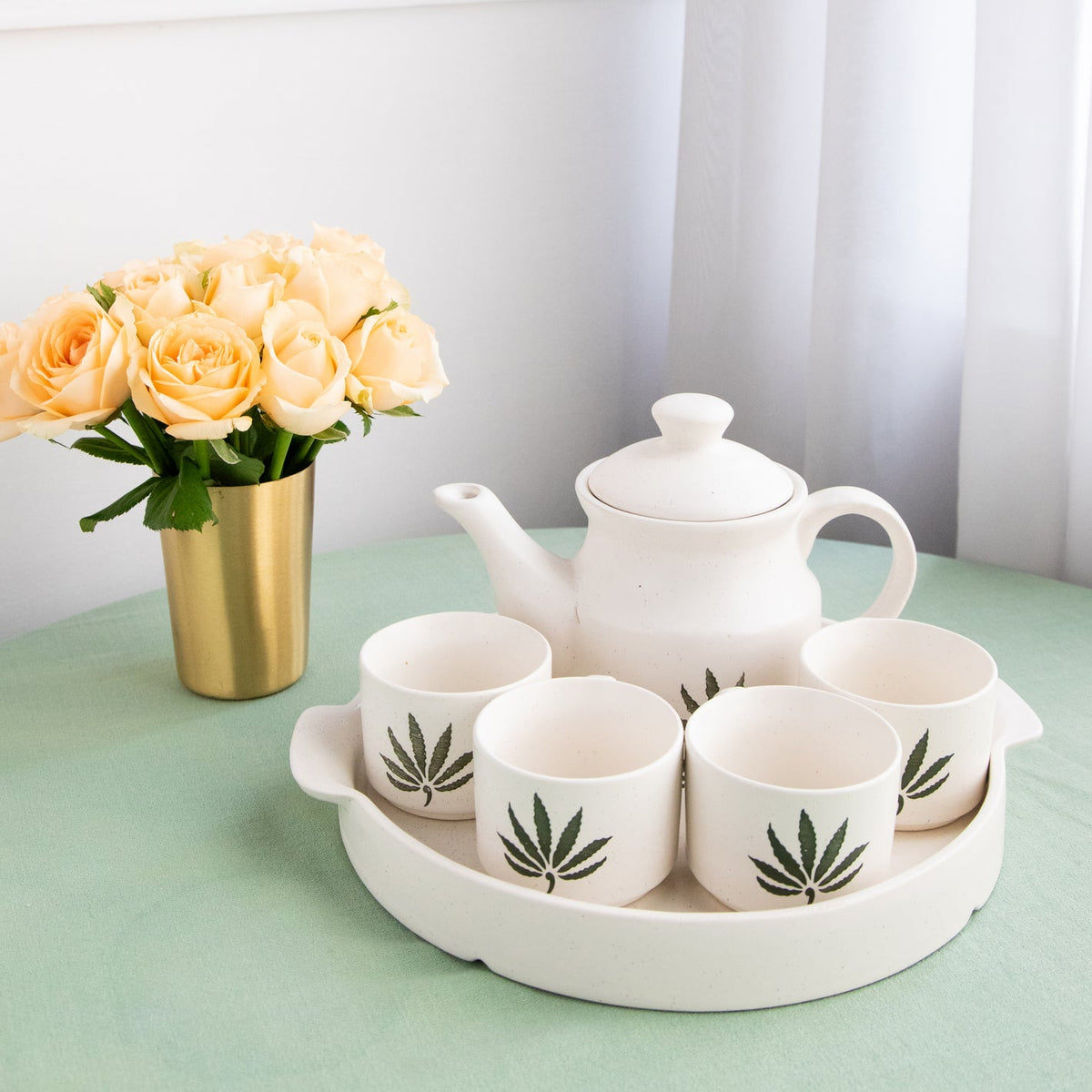 Ceramic Morning Tea Kettle With 6 Piece Cups Set - Matte White