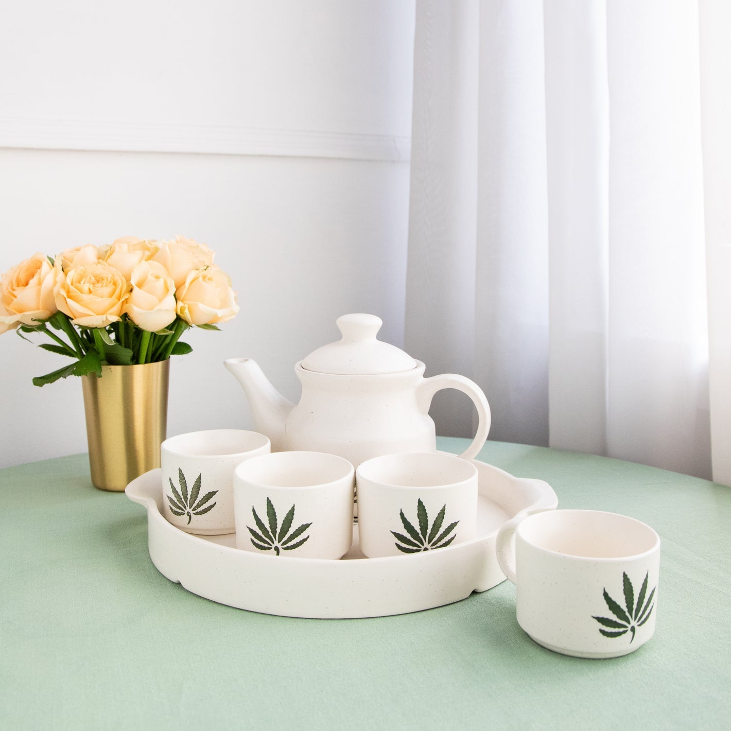 Ceramic Morning Tea Kettle With 6 Piece Cups Set - Matte White