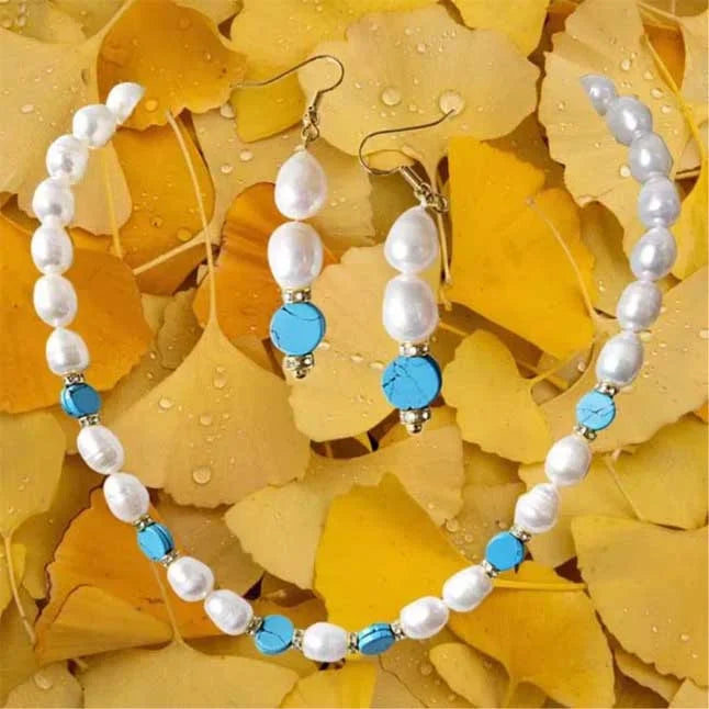 Surat Diamonds Real Big Elongated Pearl & Blue Turquoise Disc Necklace & Earring Set for Women