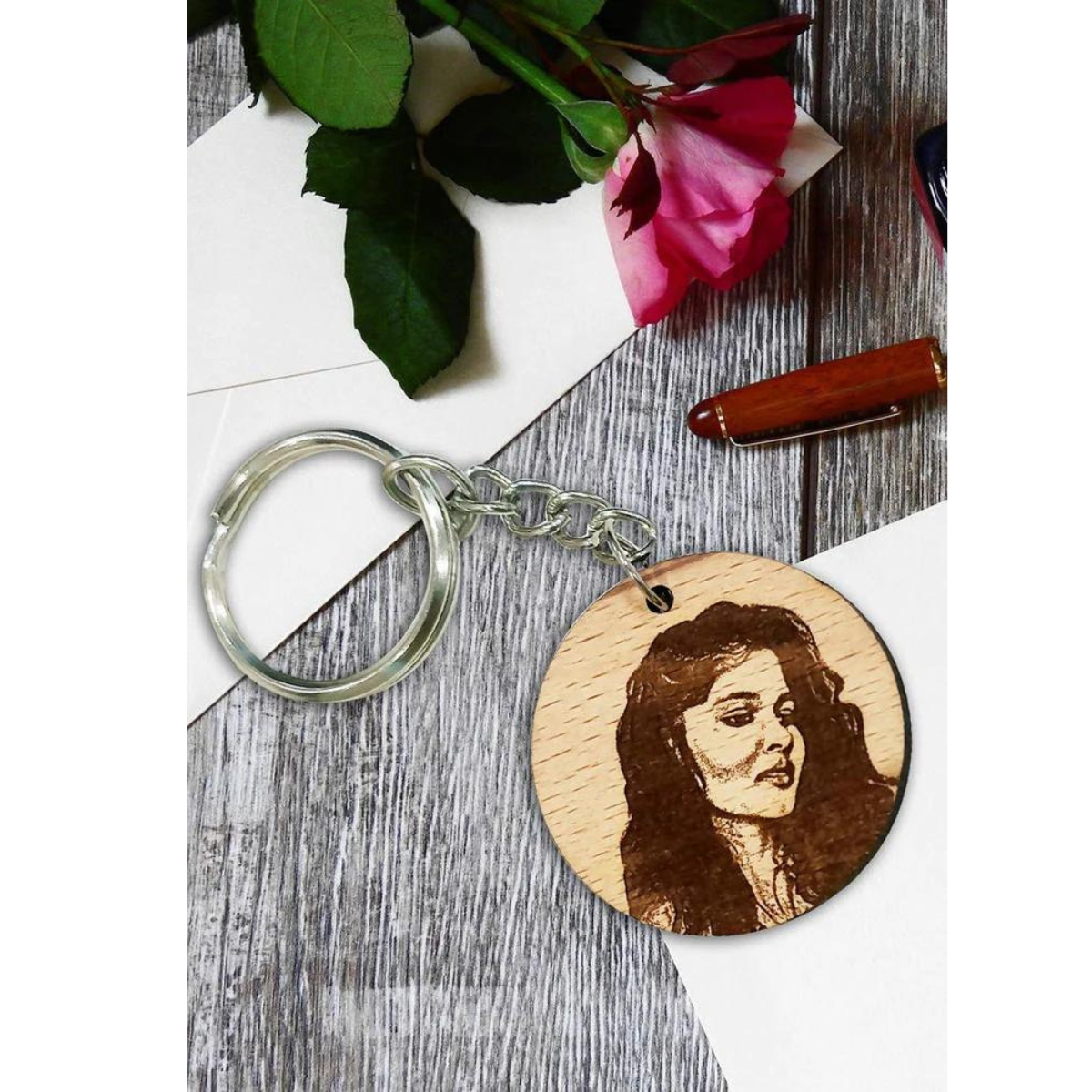 Wooden Engraved Personalized Photo Keychain