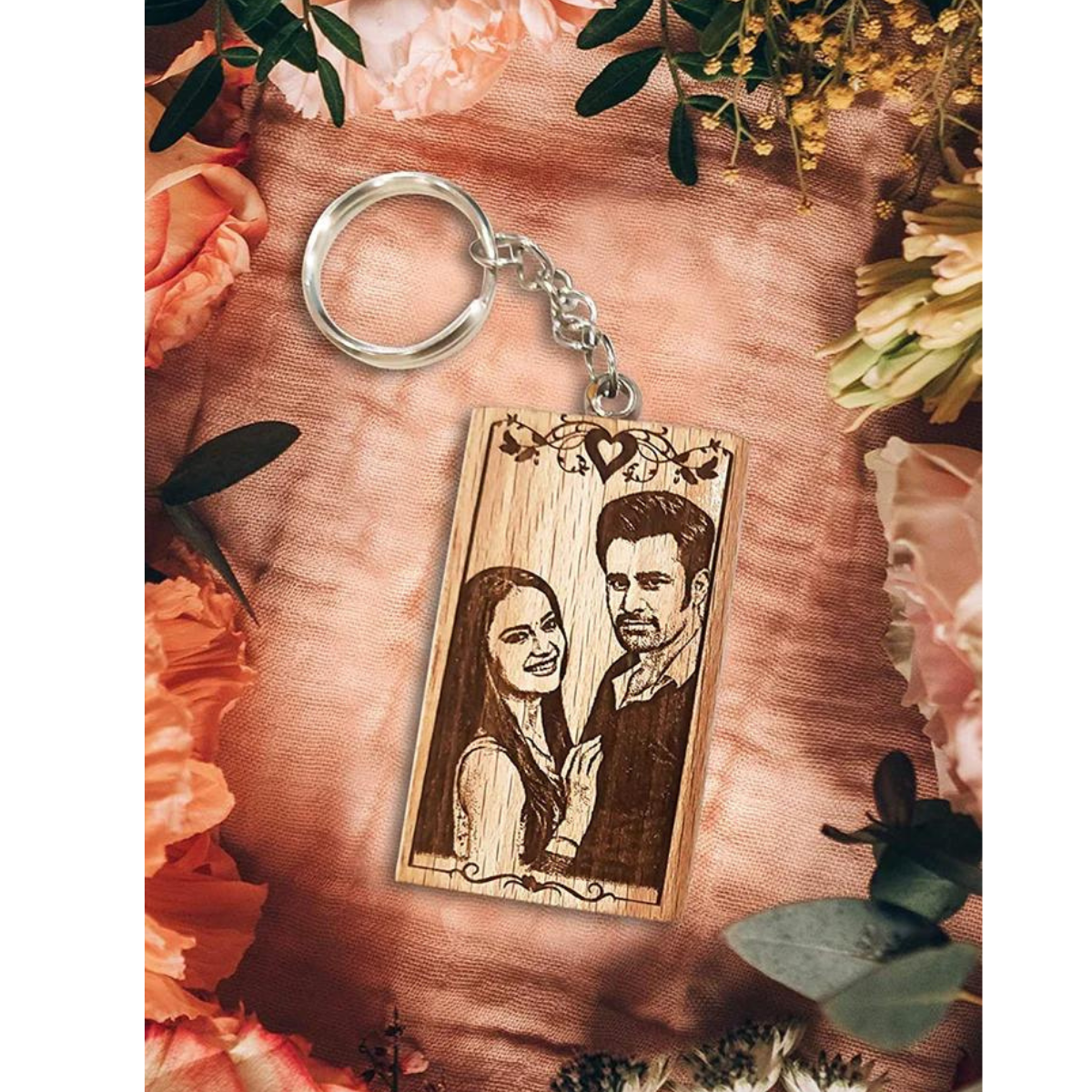 Wooden Engraved Personalized Photo Keychain