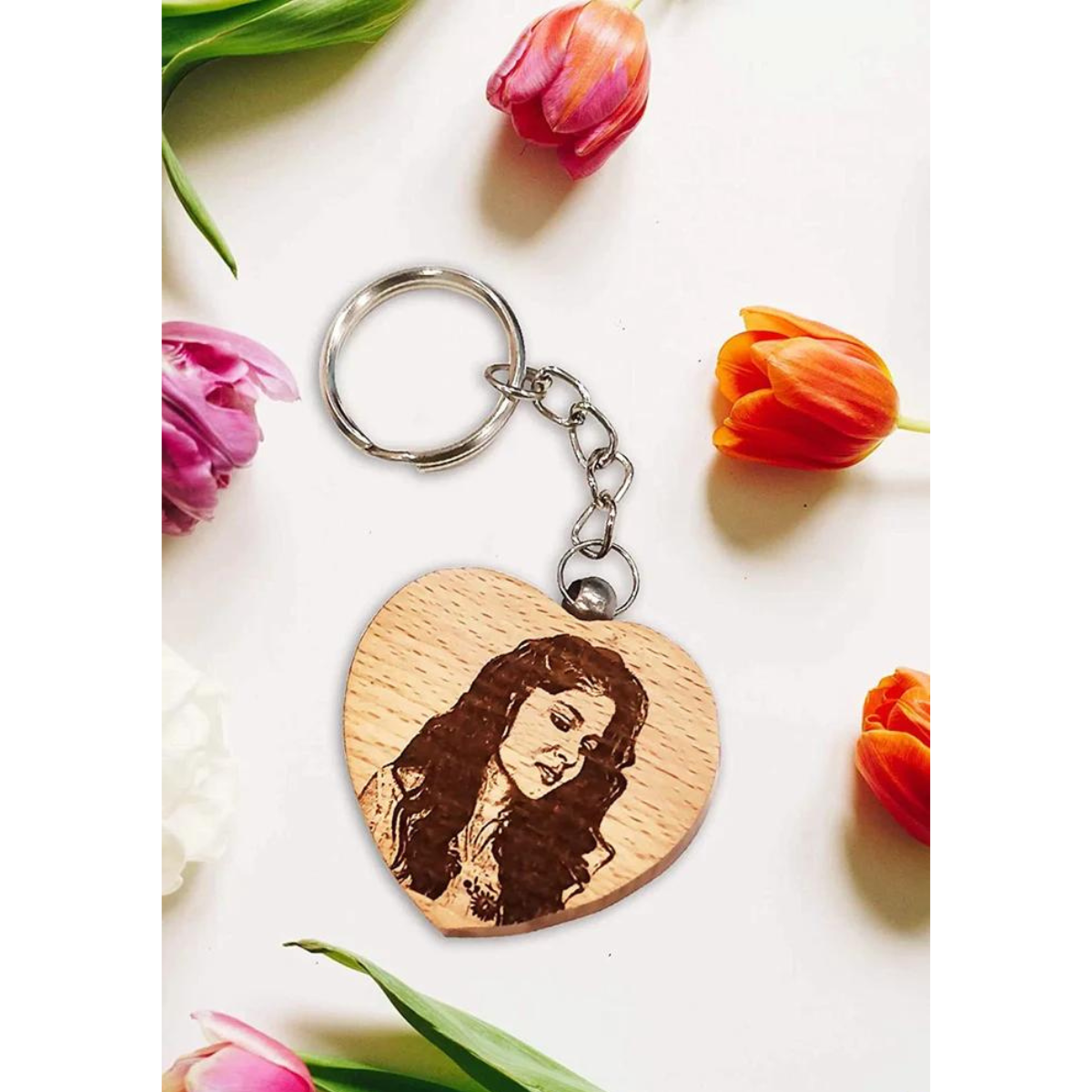 Wooden Engraved Personalized Photo Keychain
