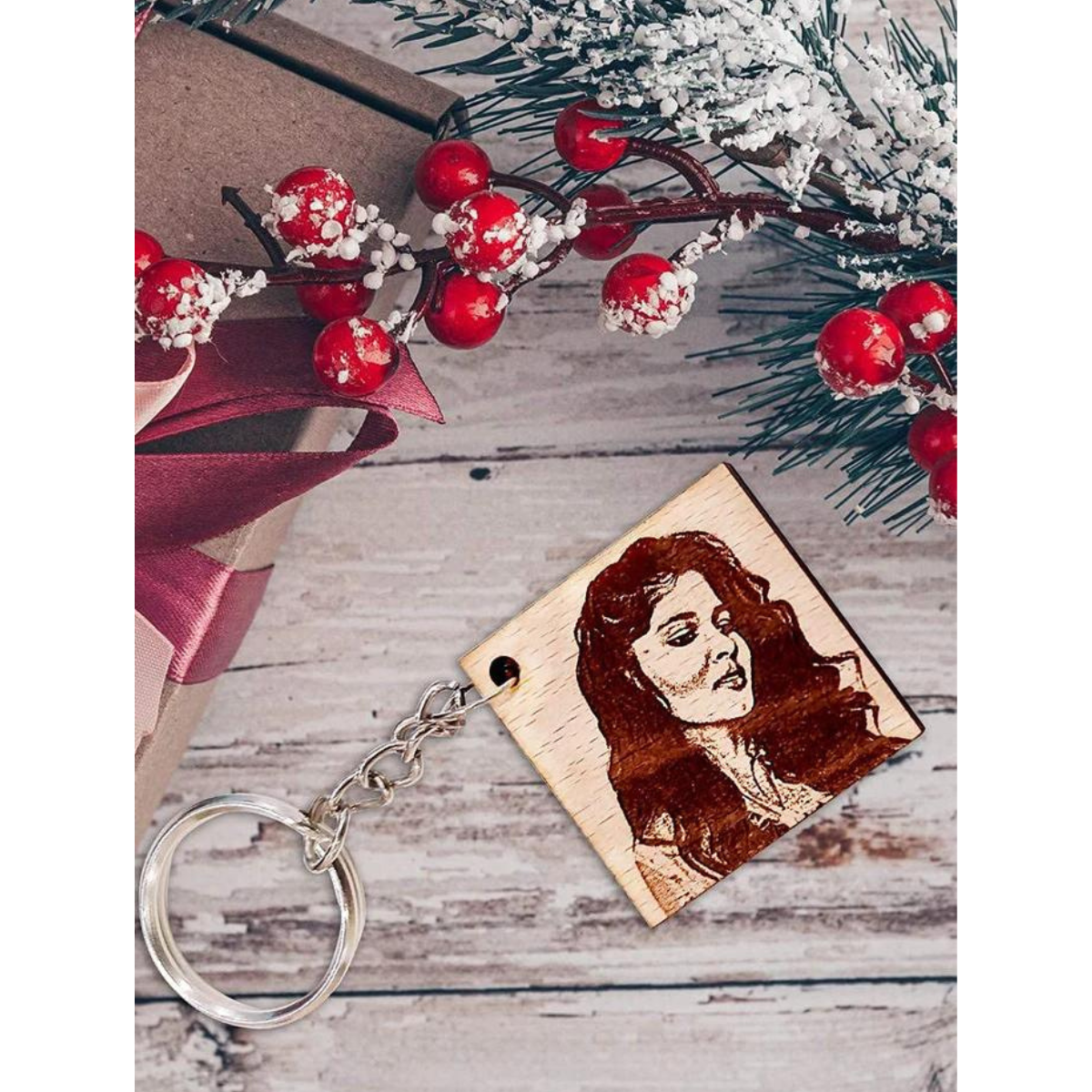 Wooden Engraved Personalized Photo Keychain