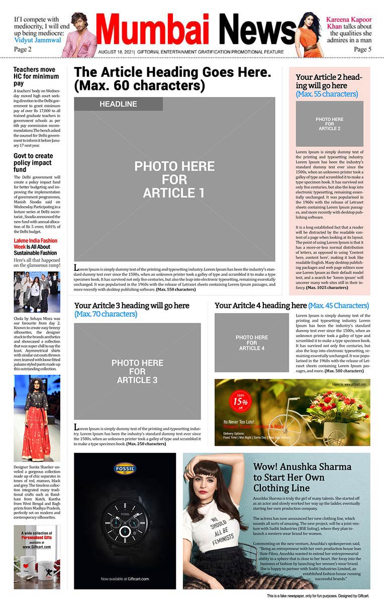 Personalised Newspaper Front Page Birthday Announcement