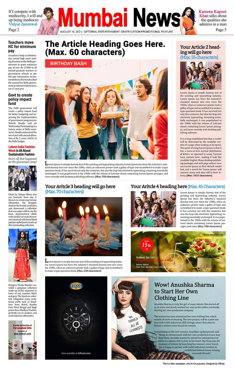 Personalised Newspaper Front Page Birthday Announcement