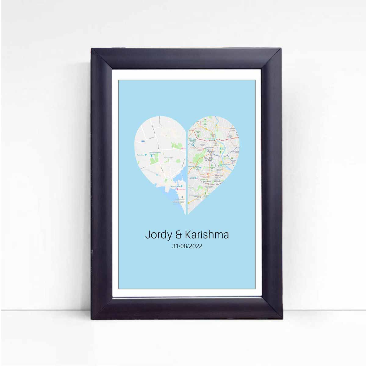 Personalised Two Halves 1 Heart Map Poster