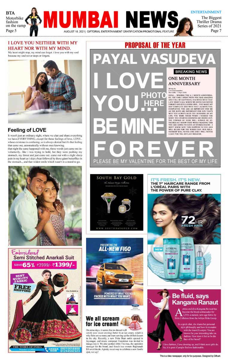 Personalised Newspaper Scoop - Valentine Day Proposal