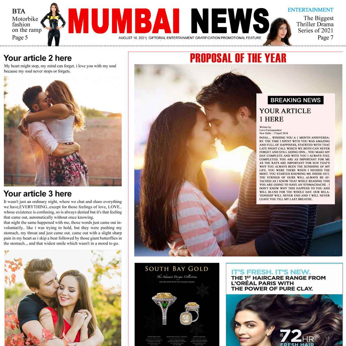 Personalised Newspaper Scoop - Valentine Day Proposal