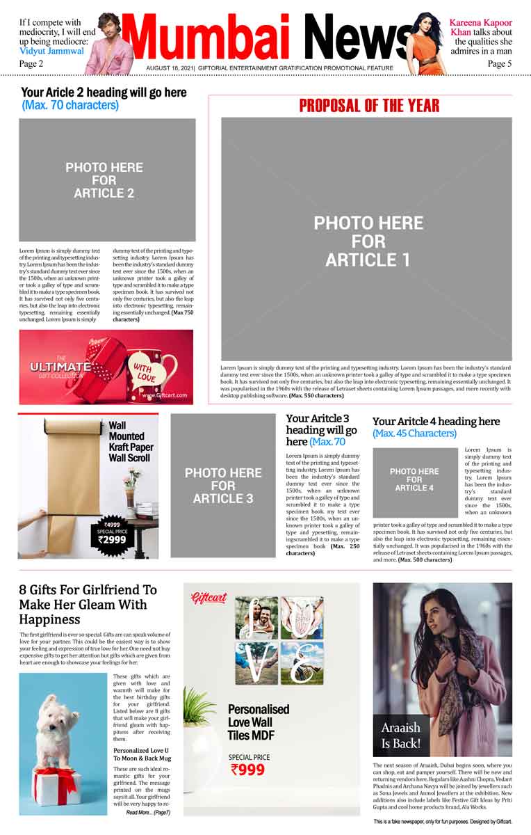 Personalised Newspaper Scoop - Valentine Day Proposal