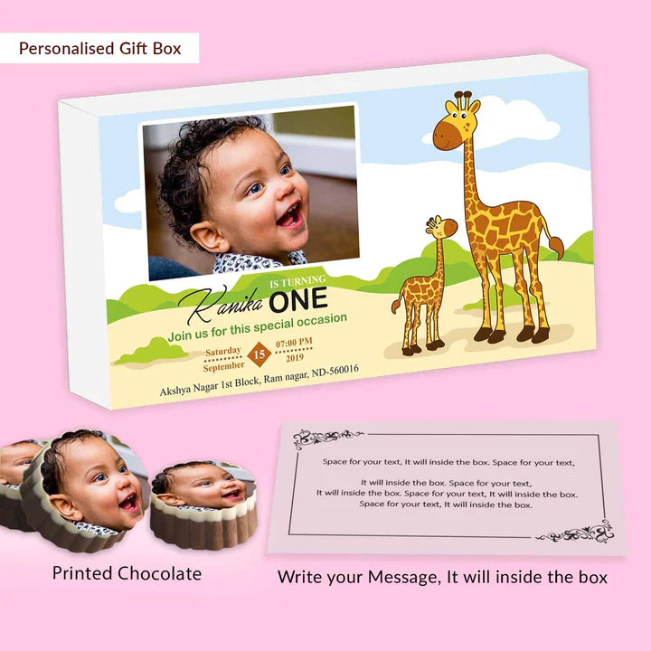 Personalised Baby & Mommy Giraffes Birthday Invitation With Printed Chocolates