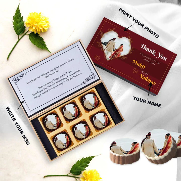 Personalised Ornate Maroon Wedding Return Gift Photo Printed Chocolates