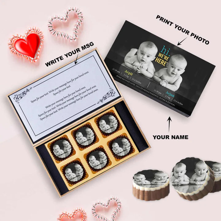 Personalised Hi Dates Photo Printed Chocolates For Twins Announcement