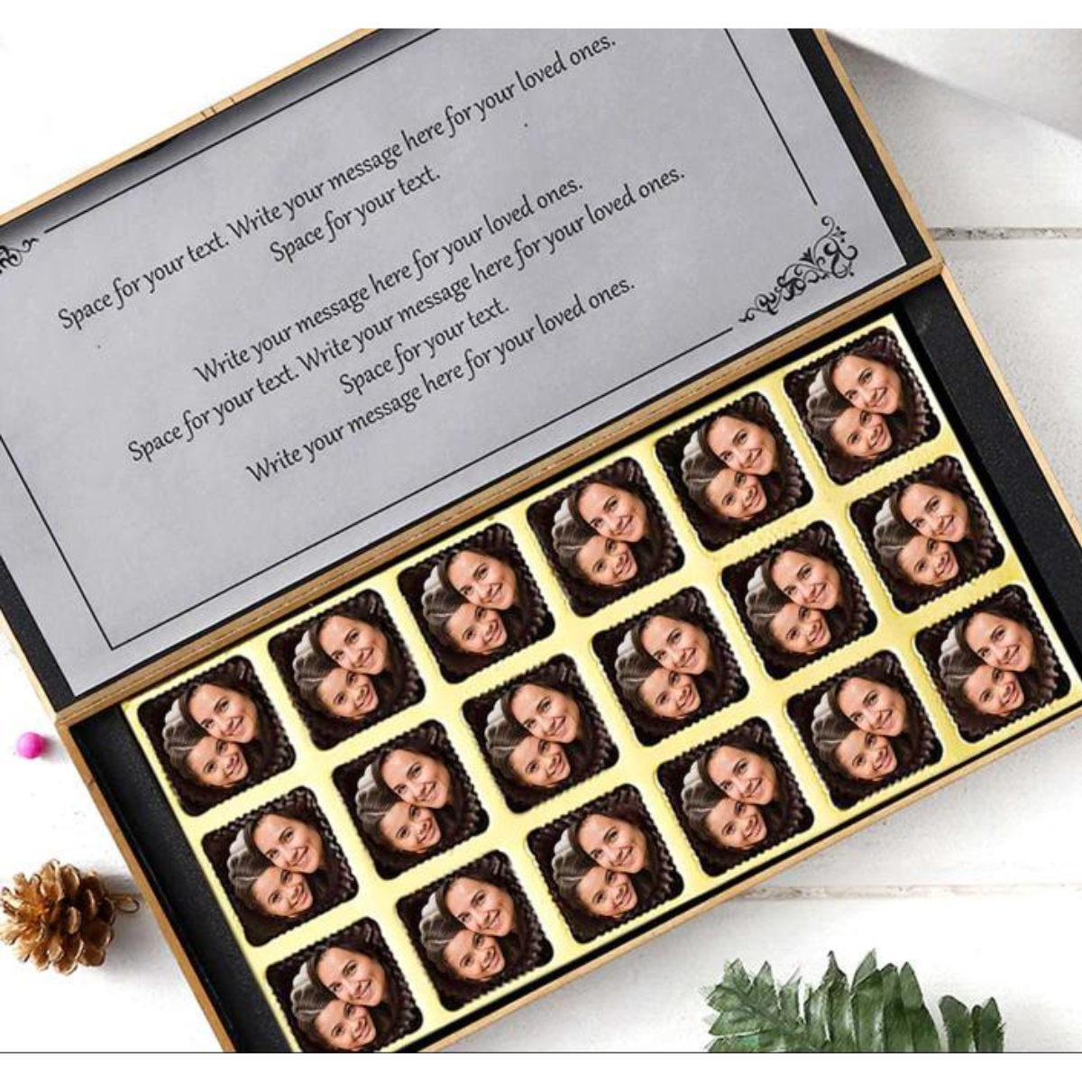Personalised Creative Design Of Mom-Baby Photo Printed Chocolates With Floral Touch