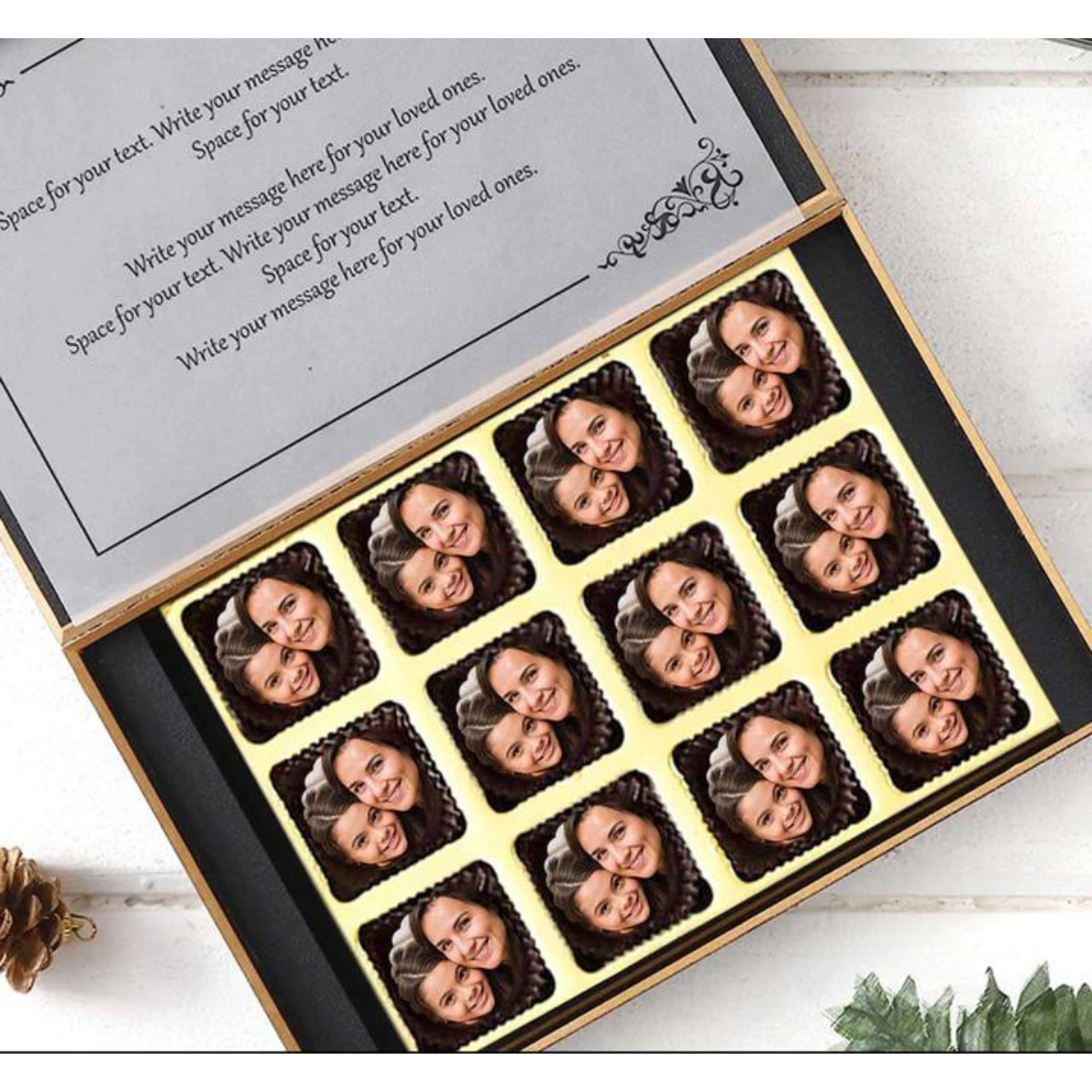 Personalised Creative Design Of Mom-Baby Photo Printed Chocolates With Floral Touch