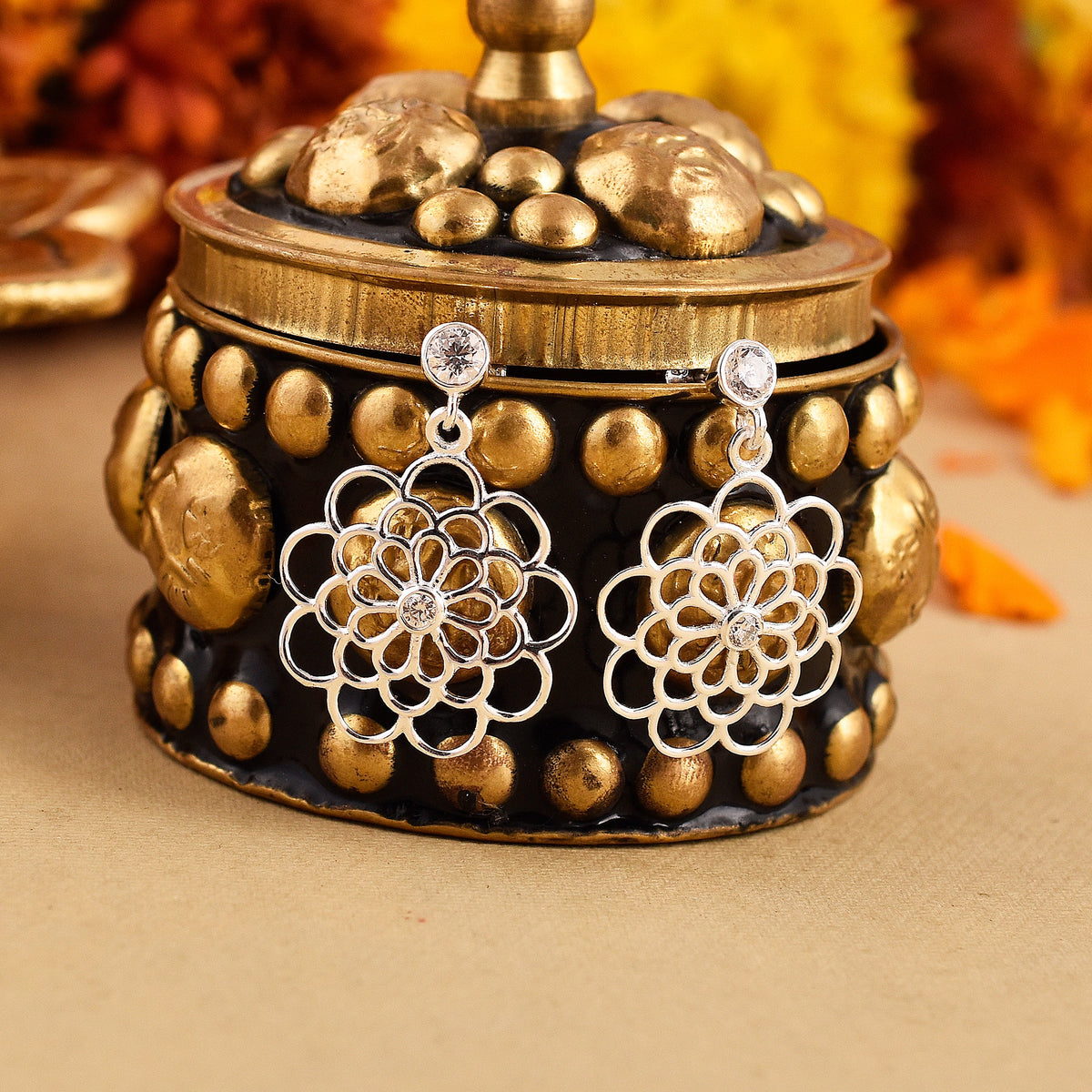 Mystical Flower 925 Silver Drop Earrings-2