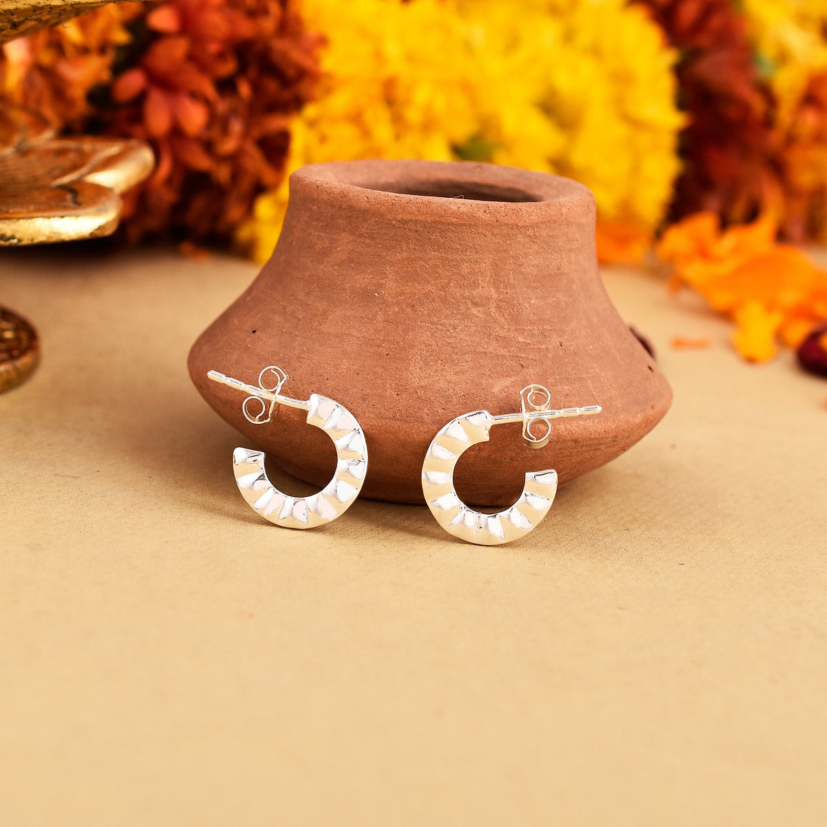 Tint Textured 925 Silver Hoop Earrings-2