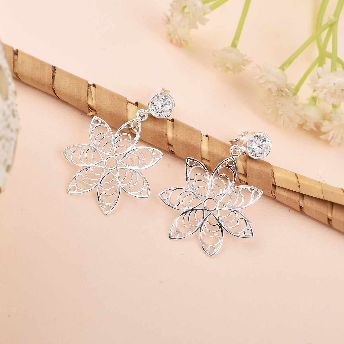 Stella Floral 925 Silver Drop Earrings-2