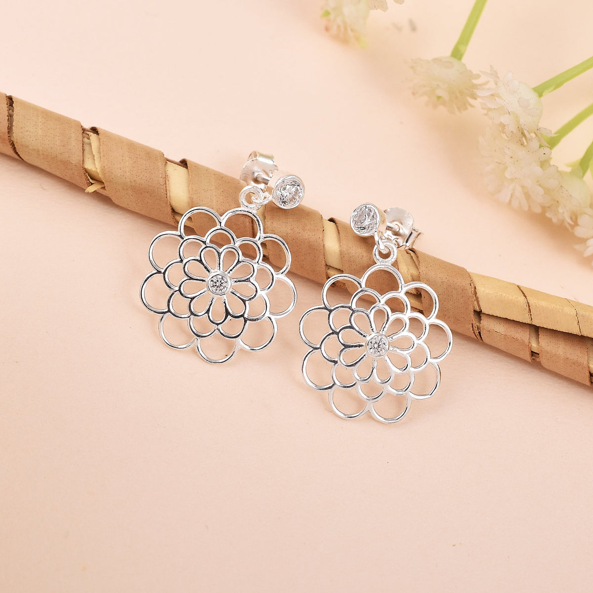 Mystical Flower 925 Silver Drop Earrings-1