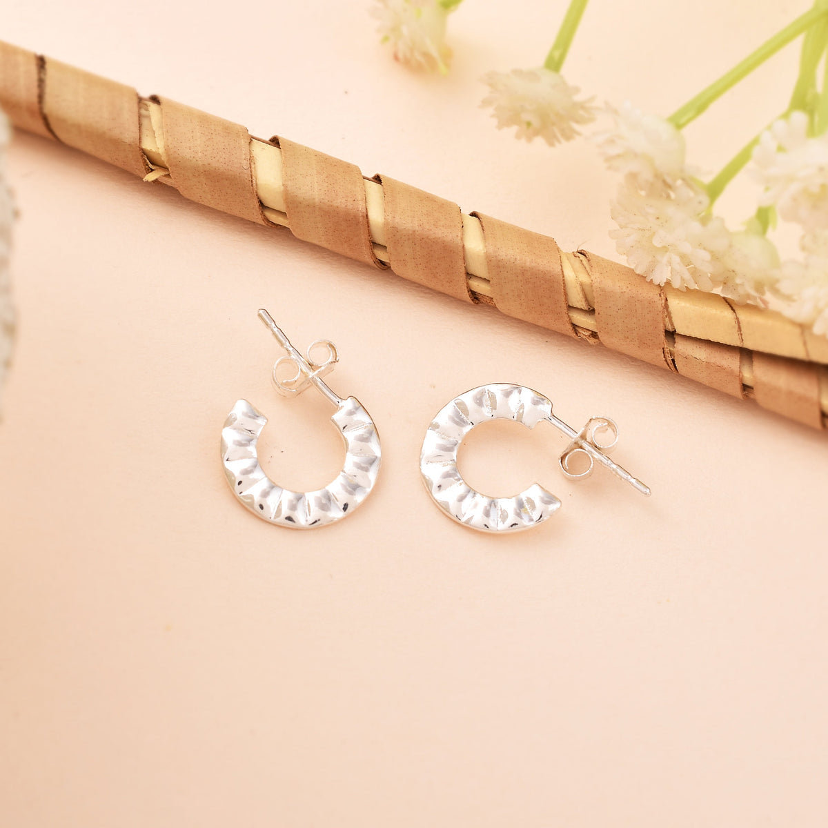 Tint Textured 925 Silver Hoop Earrings-1