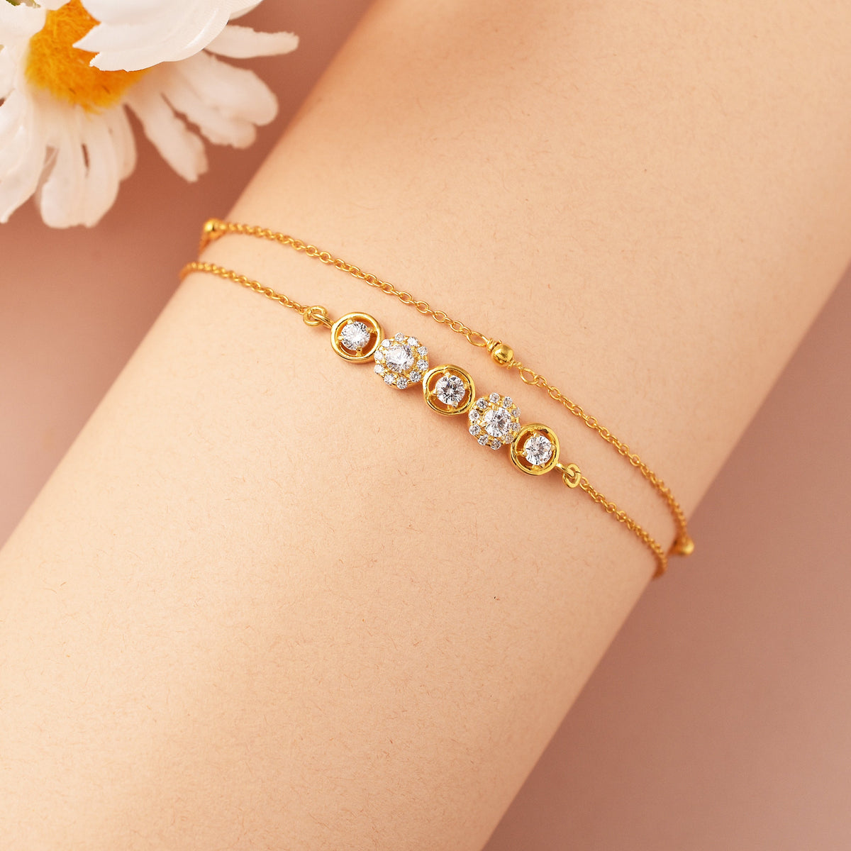 Pretty Woman CZ Dual Chain Gold Plated Silver Bracelet-1