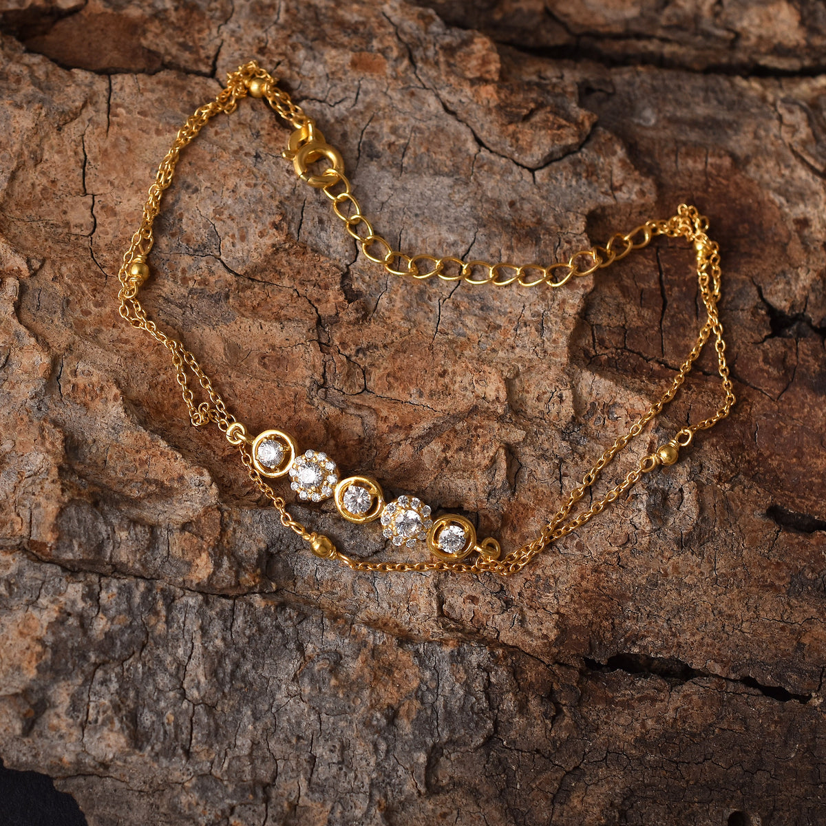 Pretty Woman CZ Dual Chain Gold Plated Silver Bracelet