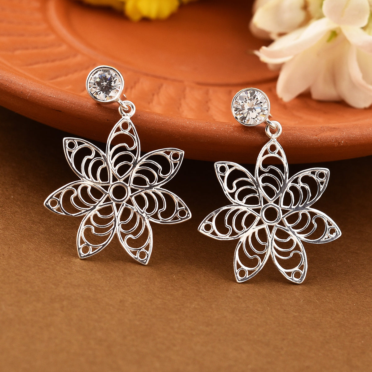 Stella Floral 925 Silver Drop Earrings-1