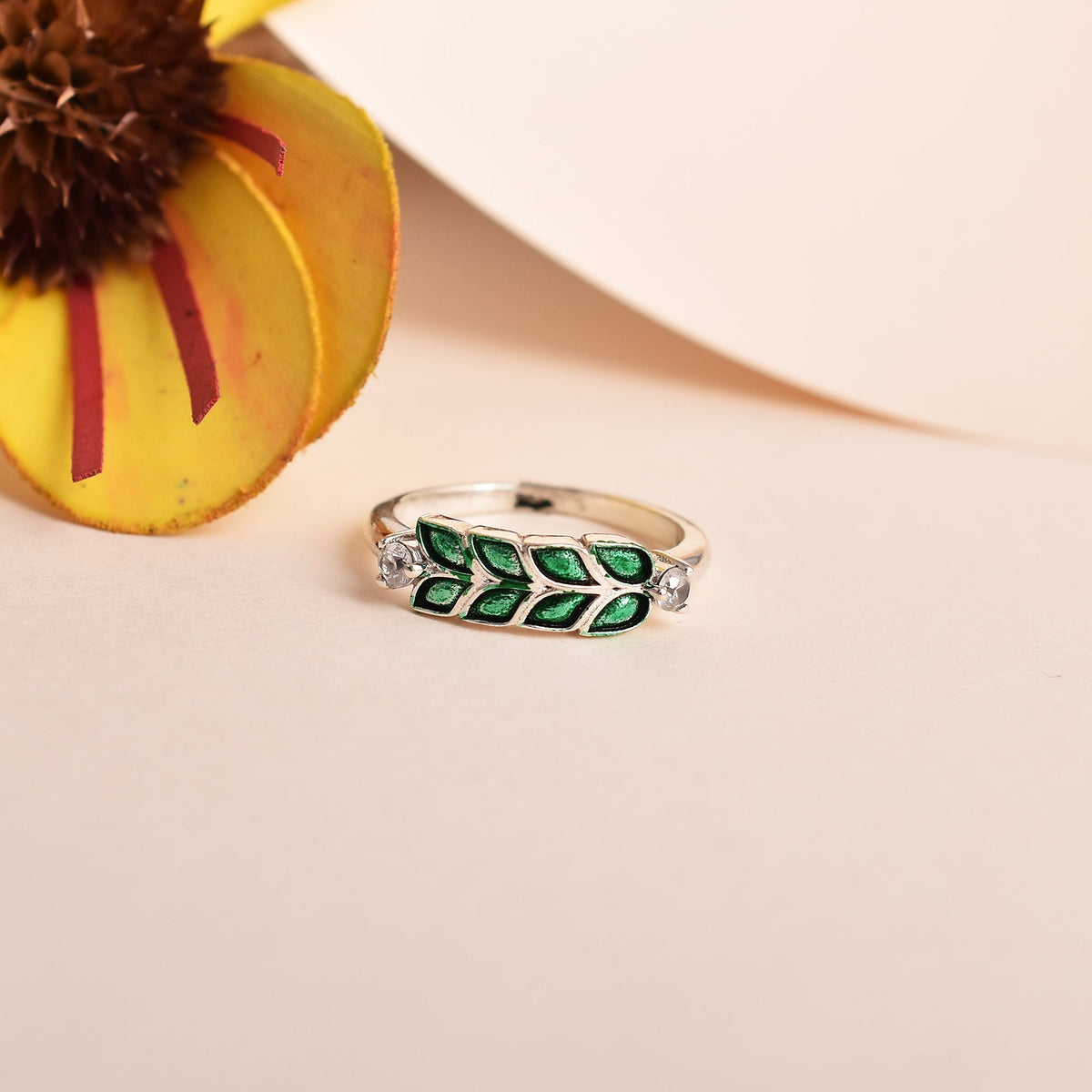 Enamel Green Leaves 925 Silver Ring-1