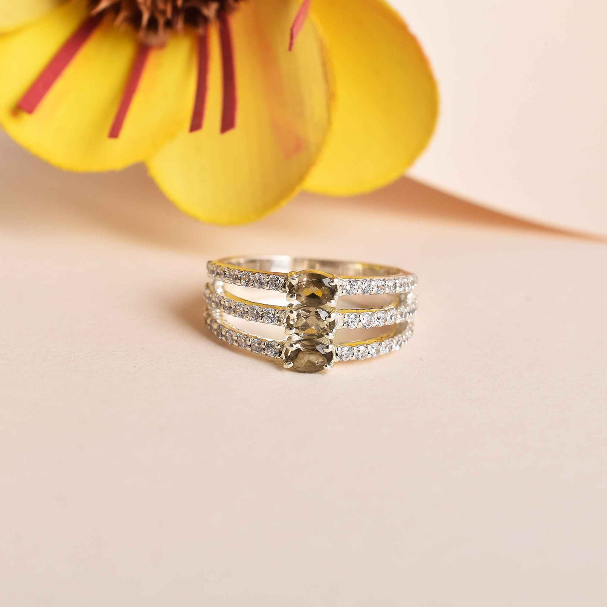 Smoky Quartz 925 Silver Cubic Zirconia Finger Ring-1