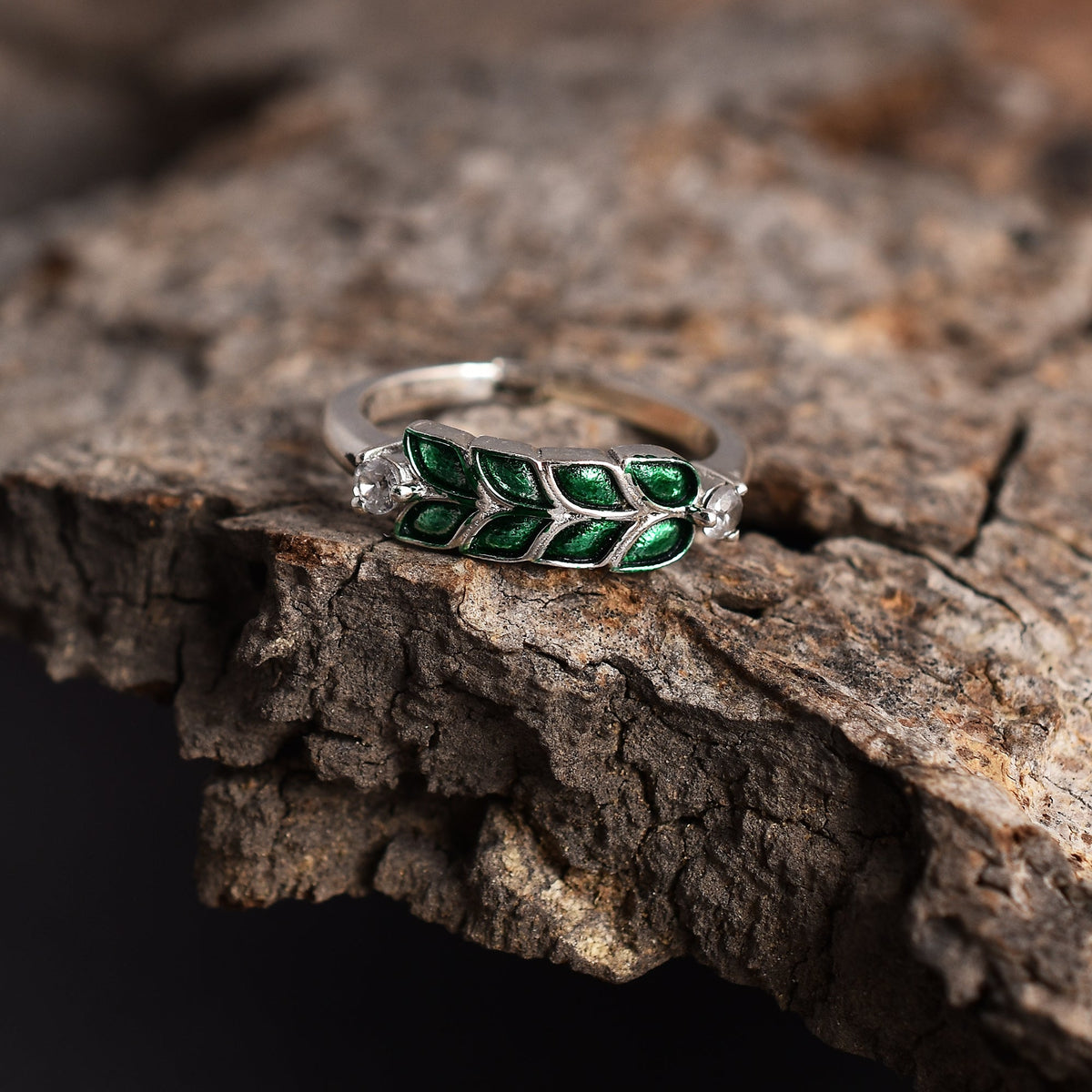 Enamel Green Leaves 925 Silver Ring-2