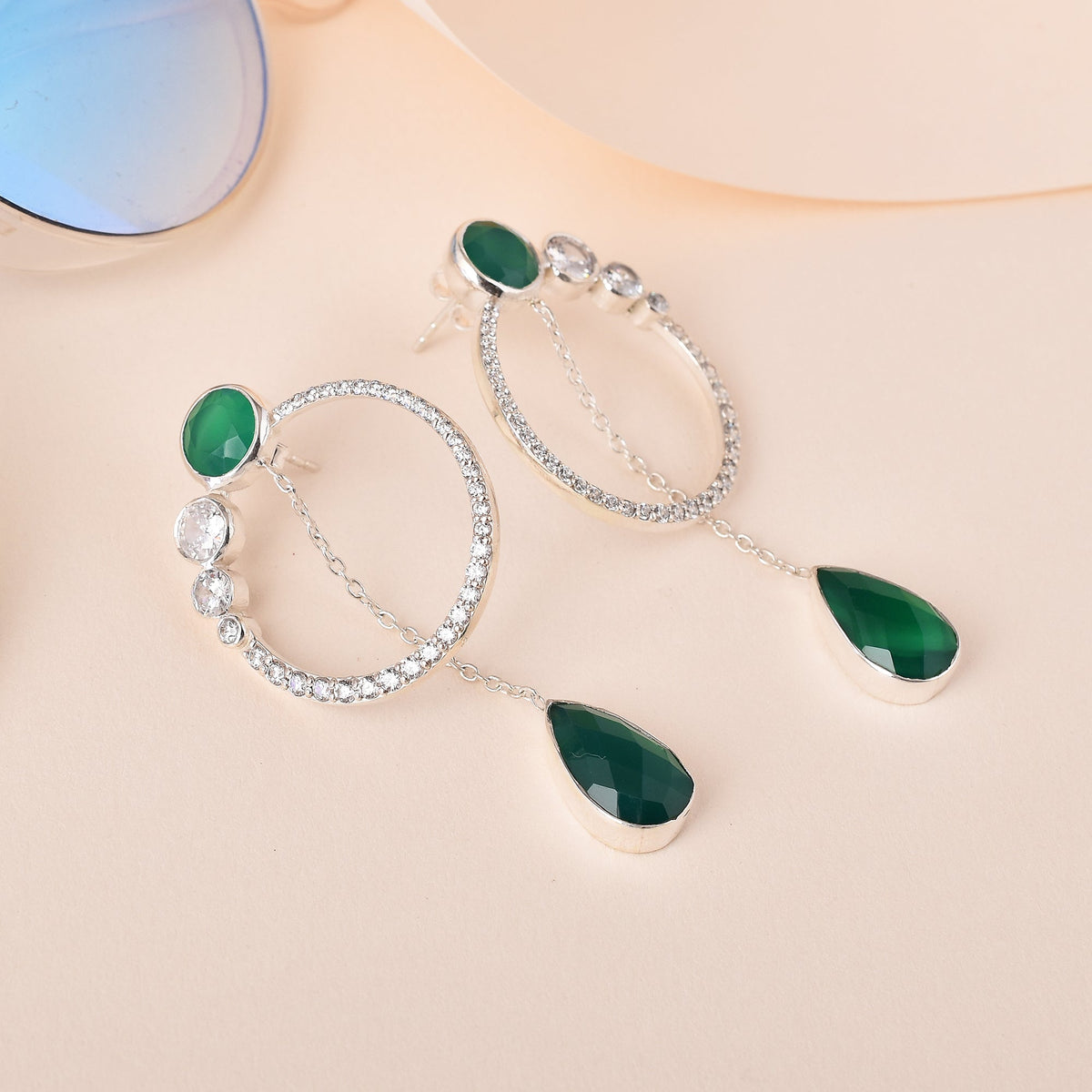 Magical Green Onyx Silver Teardrop Earrings-1