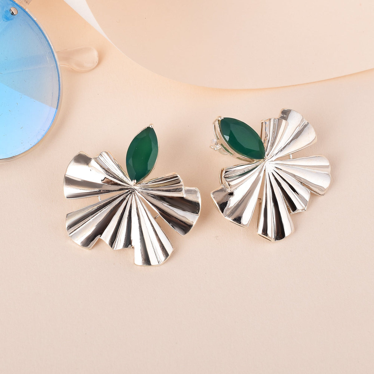 Bismarck Palm Leaves Green Onyx Stud Earrings-1