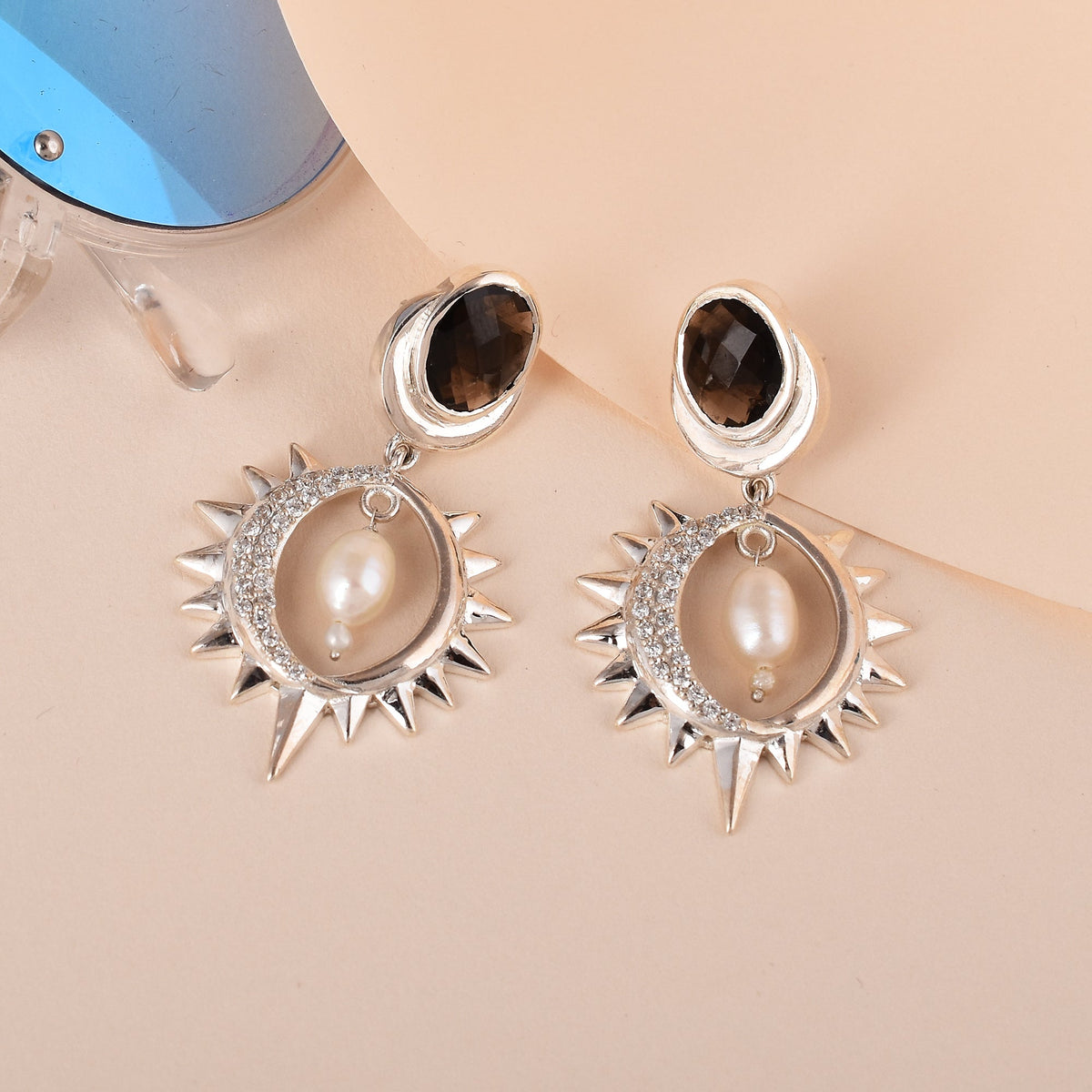 Smoky Mounted CZ Pearl Silver Drop Earrings-1