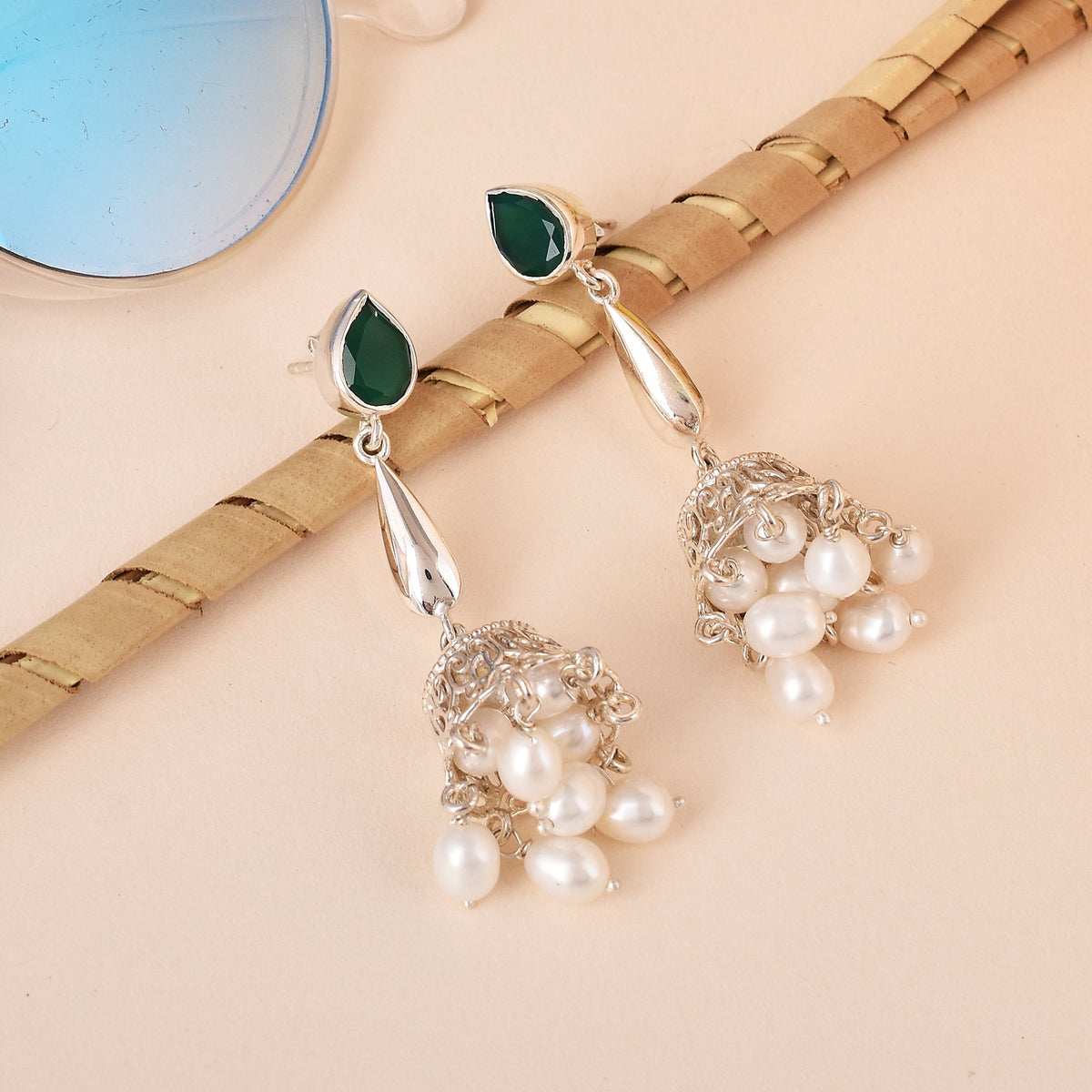 Green Onyx Pearl Silver Jhumka Earrings-1