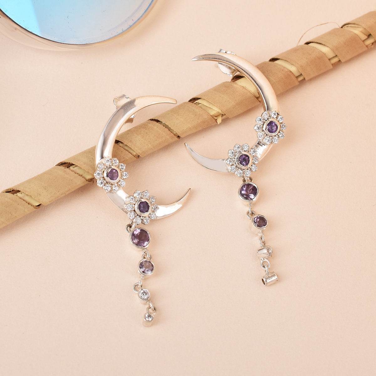 Amethyst Moon Flower Chandbali Silver Earrings-1