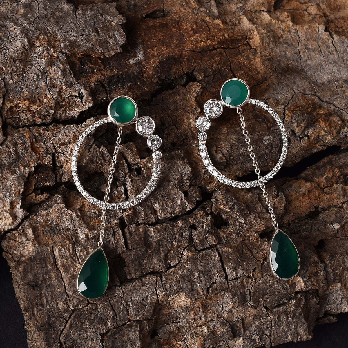 Magical Green Onyx Silver Teardrop Earrings-2