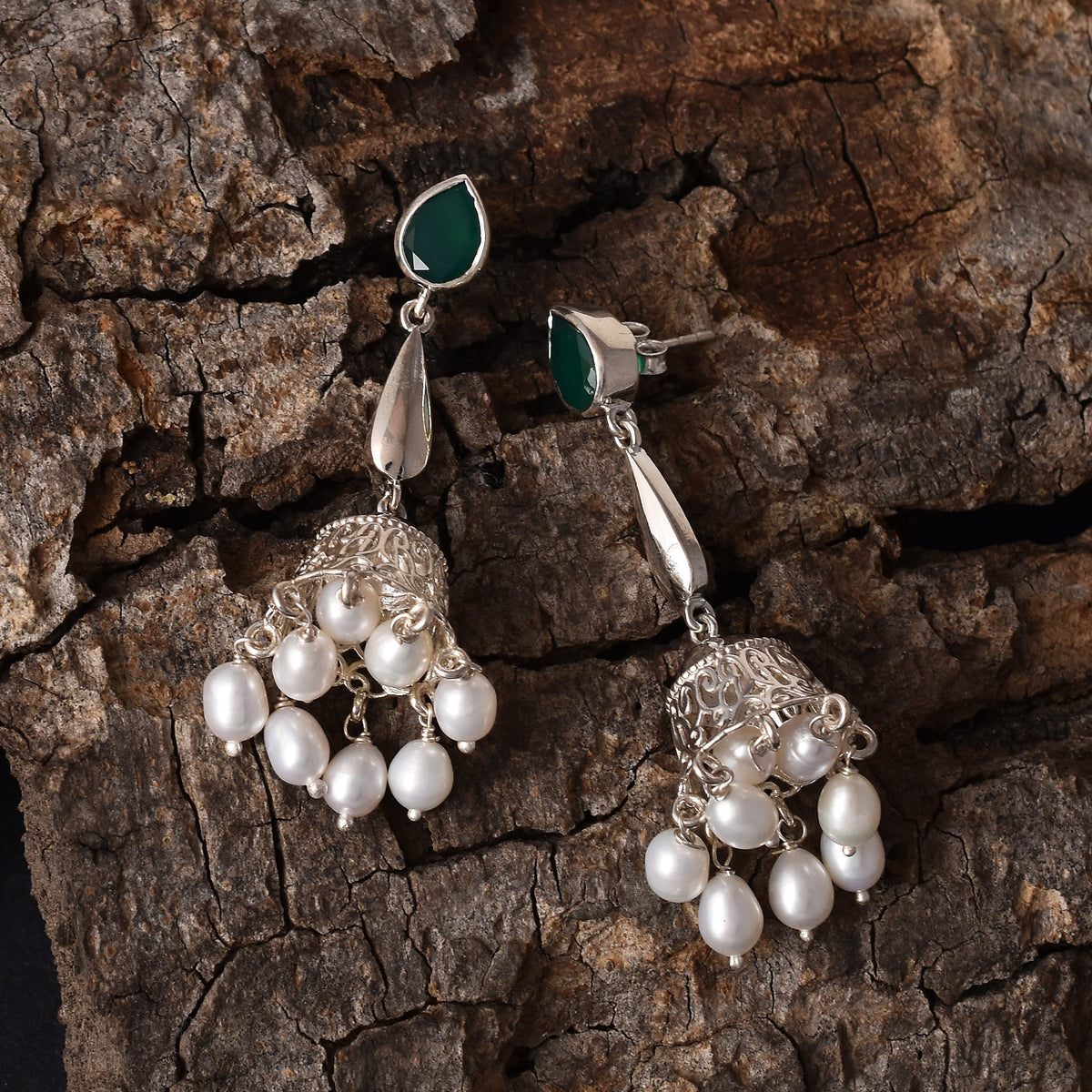 Green Onyx Pearl Silver Jhumka Earrings-2