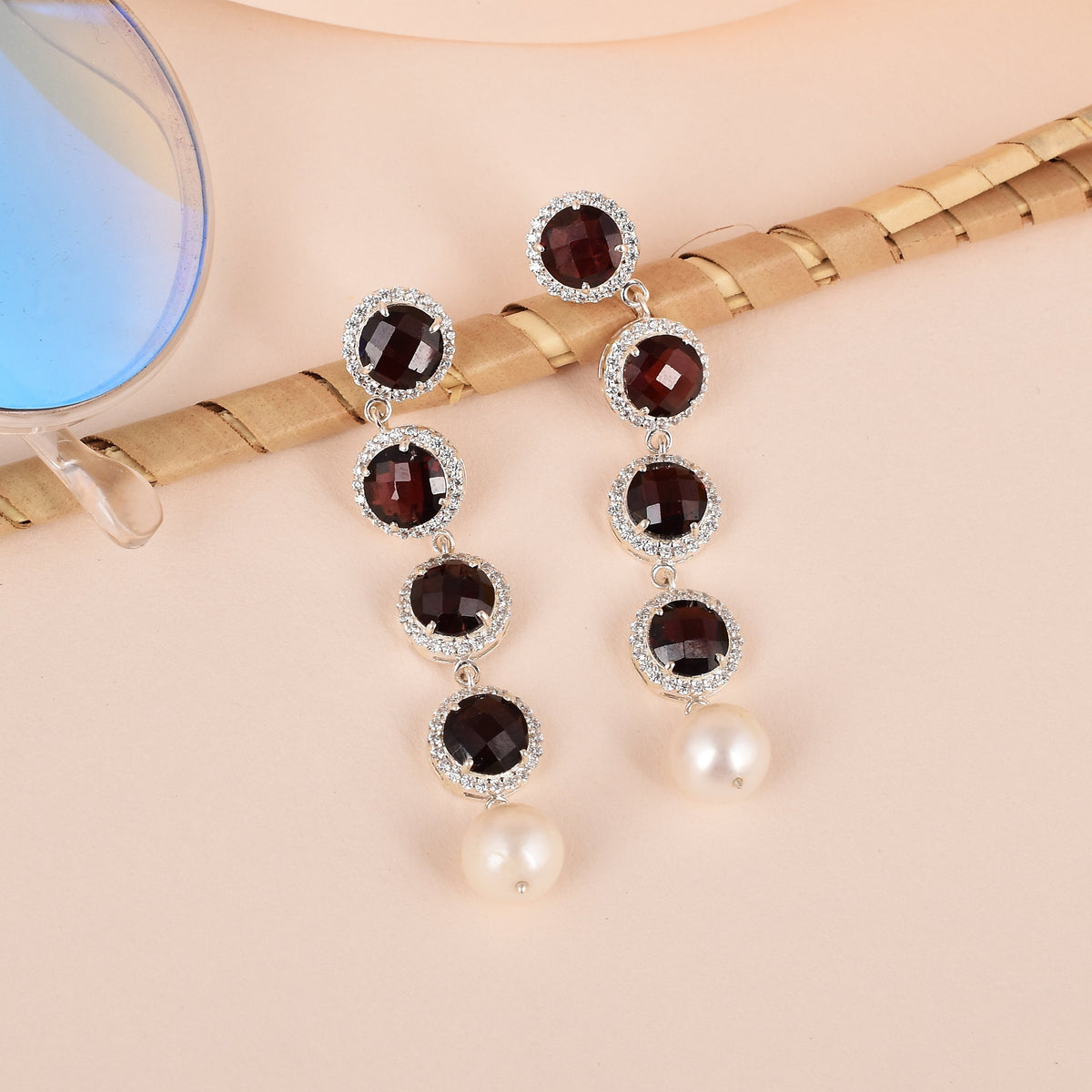 Red Garnet Silver CZ Dangle Earrings-1