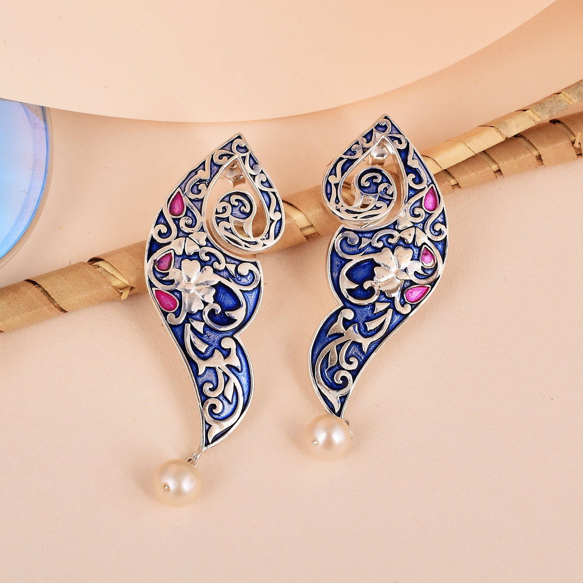 Multi Enamel Peacock Pearl Drop 925 Silver Earring-1