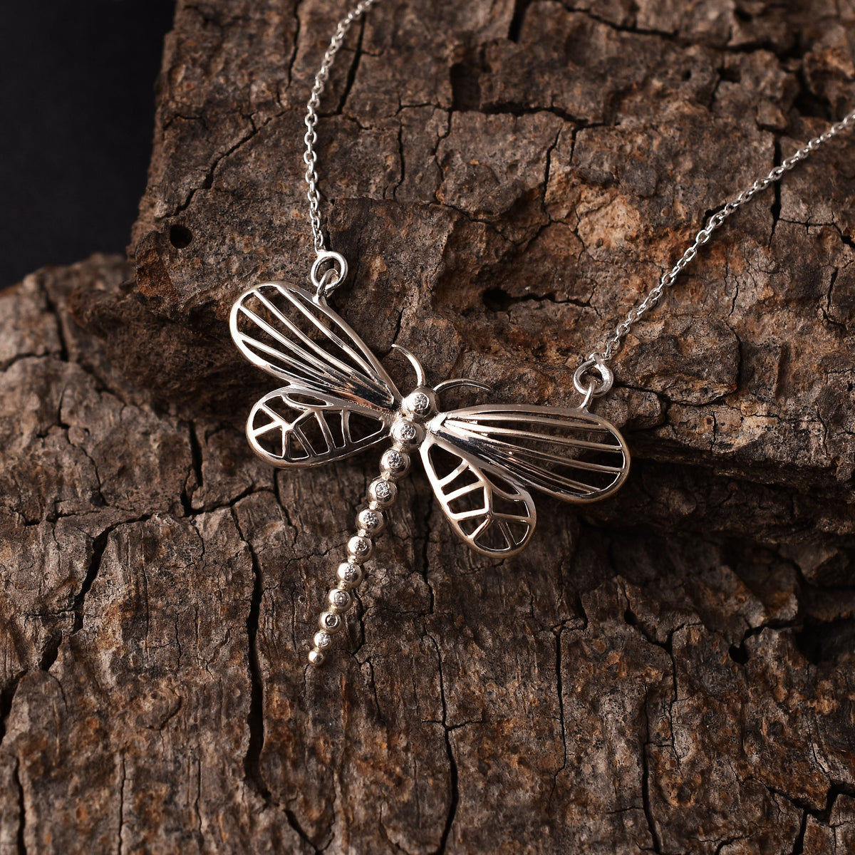 Cubic Zirconia Dragonfly Silver Pendant Chain-2