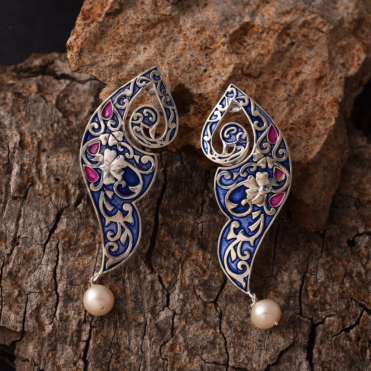 Multi Enamel Peacock Pearl Drop 925 Silver Earring-2