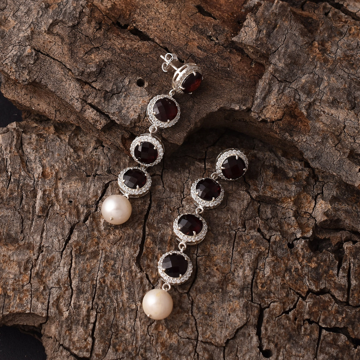 Red Garnet Silver CZ Dangle Earrings-2