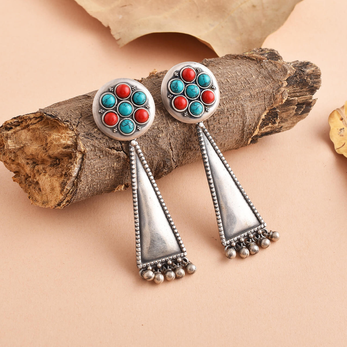 Handcrafted 925 Sterling Silver Earrings (Coral and Turquoise)-1
