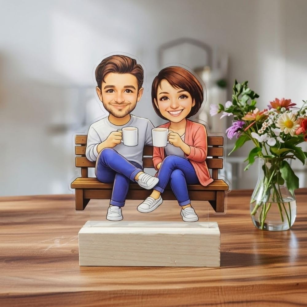 Personalized Couple Caricature Acrylic Standee with Wooden Base