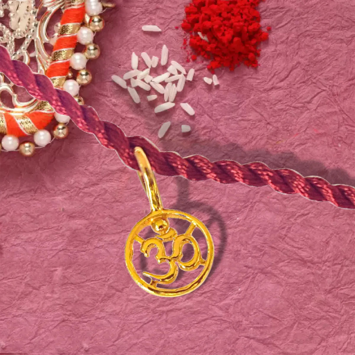 Delicate OM Shaped Gold Plated Sterling Silver Rakhi for Brothers-1