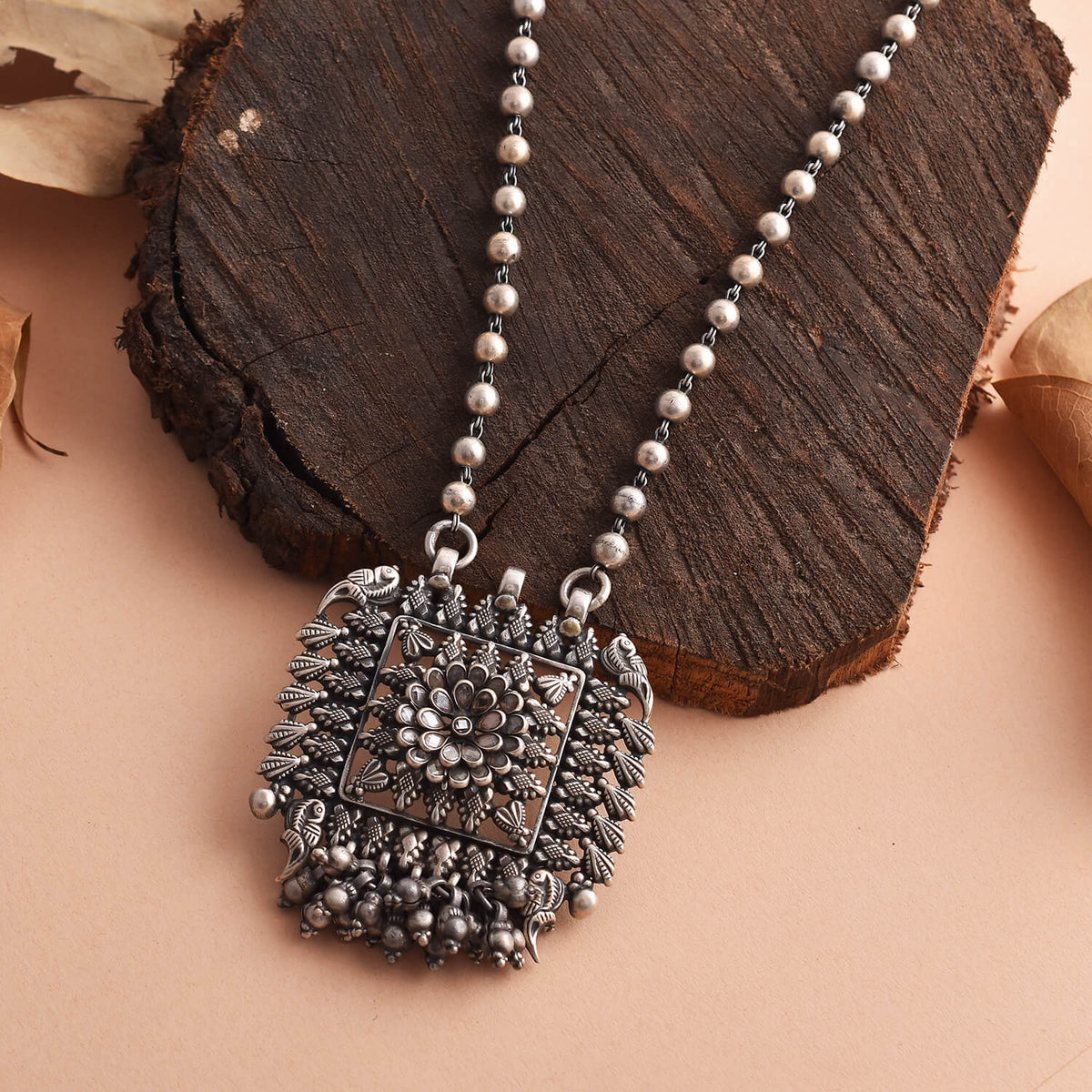 Square Oxidized Silver Pendant Necklace-1