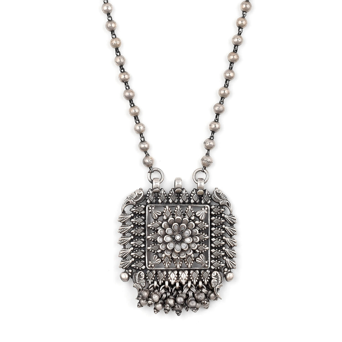 Square Oxidized Silver Pendant Necklace-2